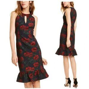 Nanette Lepore Womens Rose Floral Print Keyhole Neck Midi Dress Navy 4